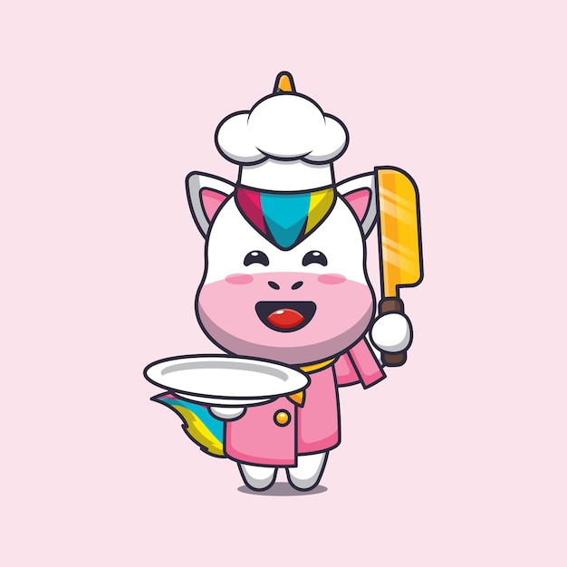 Personnage De Dessin Animé De Mascotte De Chef Licorne Mignon Avec Couteau Et Assiette