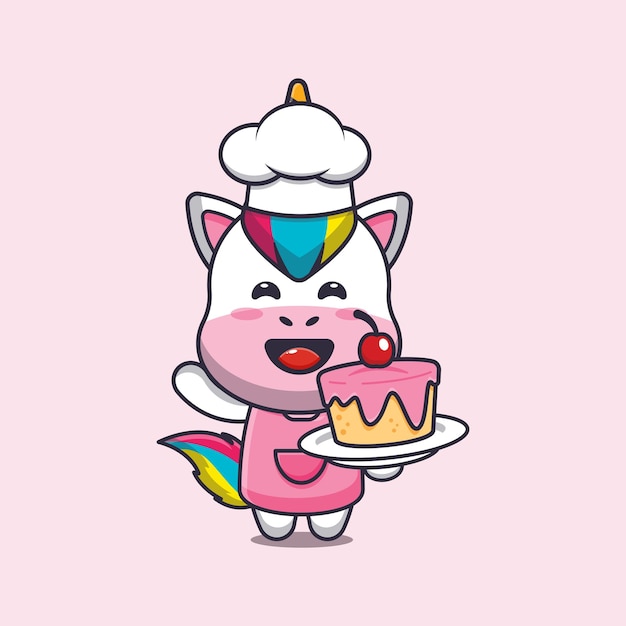 personnage de dessin animé de mascotte de chef licorne mignon avec gâteau