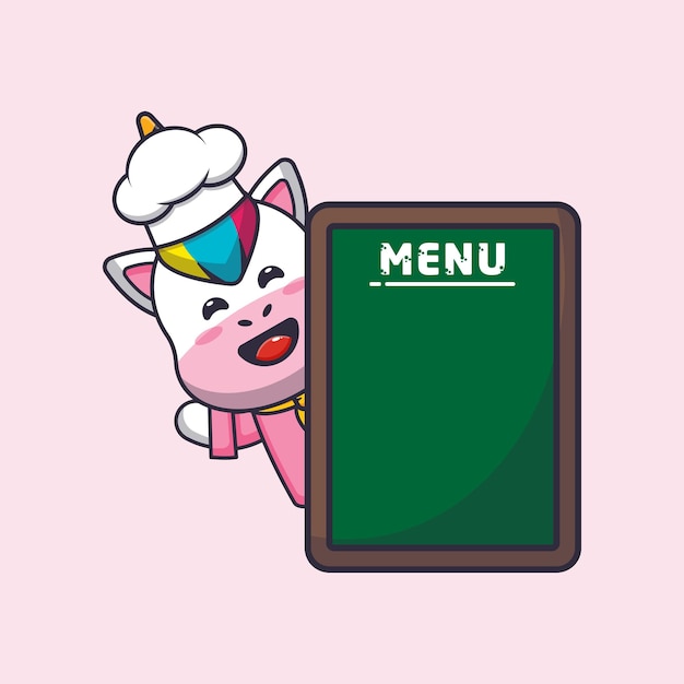 Personnage De Dessin Animé De Mascotte De Chef De Licorne Mignon Avec Tableau De Menu