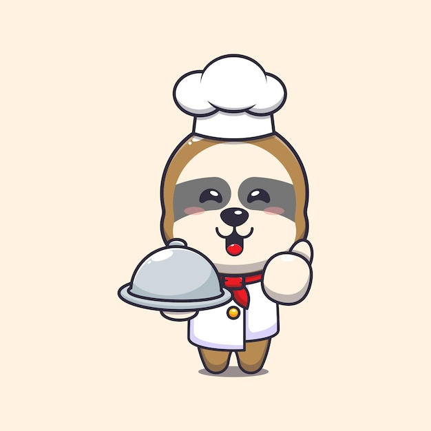 Personnage De Dessin Animé De Mascotte De Chef Paresseux Mignon Avec Plat