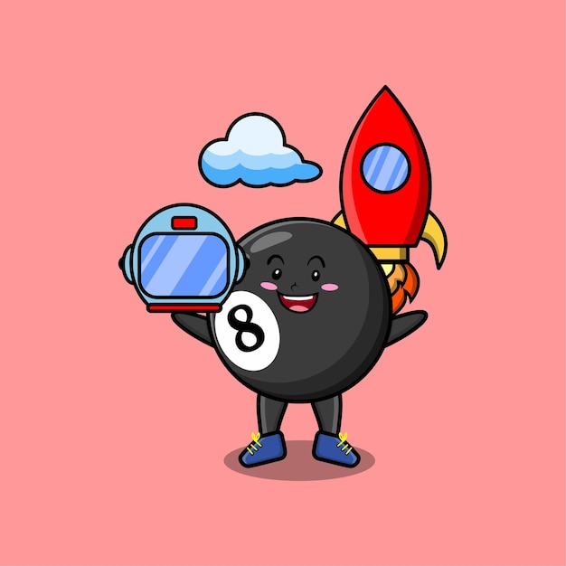 Personnage De Dessin Animé De Mascotte Mignonne Boule De Billard En Tant Qu'astronaute Avec Barre De Fusée Et Nuage