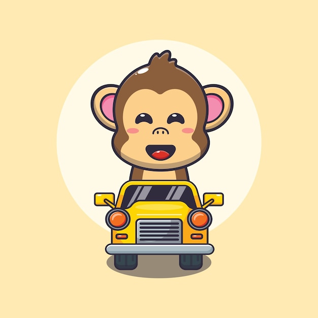 personnage de dessin animé de mascotte de singe mignon monter sur la voiture