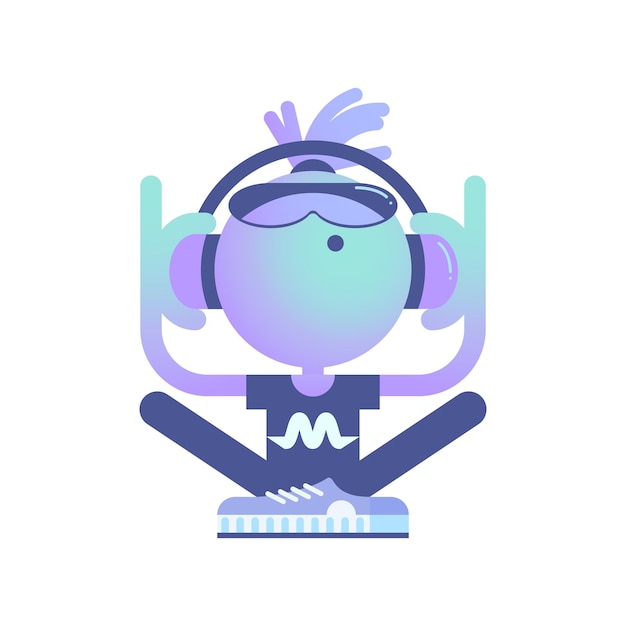 Vecteur personnage de dessin animé mélomane assis avec les jambes croisées écoutant de la musique