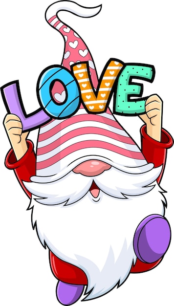 Vecteur personnage de dessin animé mignon amant gnome en cours d'exécution avec texte amour. illustration vectorielle dessinée à la main