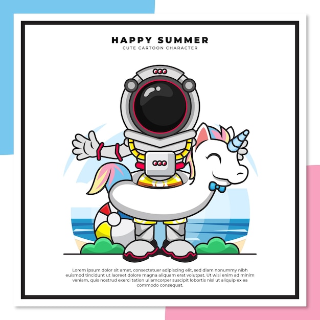 Vecteur personnage de dessin animé mignon d'astronaute portant des bouées licorne sur la plage avec de joyeuses salutations d'été