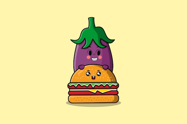 Personnage De Dessin Animé Mignon Aubergine Se Cachant Dans L'illustration De Burger Dans Un Design Plat Moderne