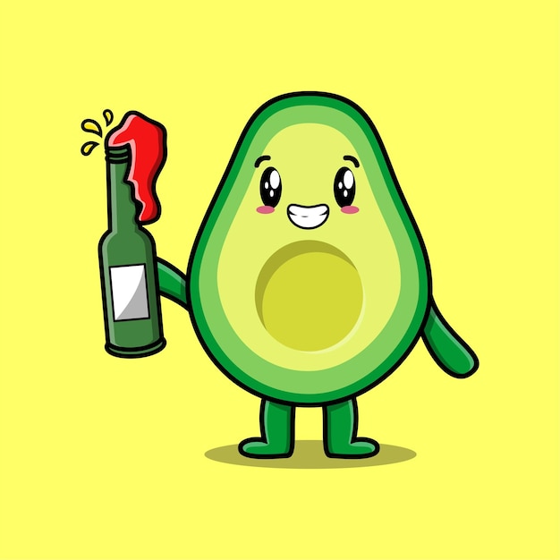 Vecteur personnage de dessin animé mignon avocat avec une bouteille de soda dans un style moderne et mignon