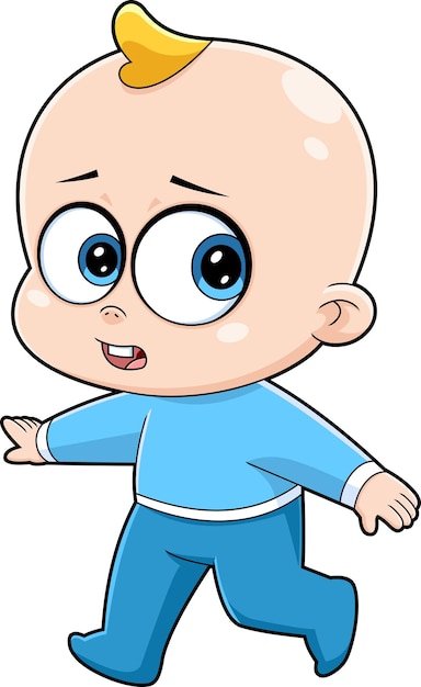 Vecteur le personnage de dessin animé mignon bébé garçon fait ses premiers pas. illustration vectorielle dessinée à la main
