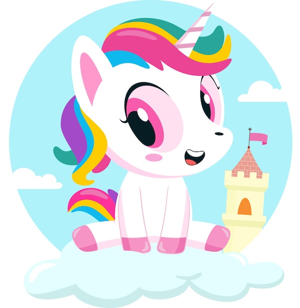Personnage de dessin animé mignon bébé licorne magique assis sur un nuage au-dessus du paysage avec château