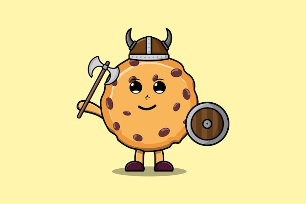 Personnage De Dessin Animé Mignon Biscuits Pirate Viking Avec Chapeau Et Tenant Une Hache Et Un Bouclier