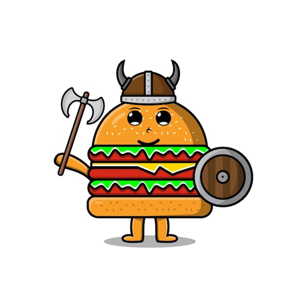 Personnage De Dessin Animé Mignon Burger Pirate Viking Avec Chapeau Et Tenant Une Hache Et Un Bouclier