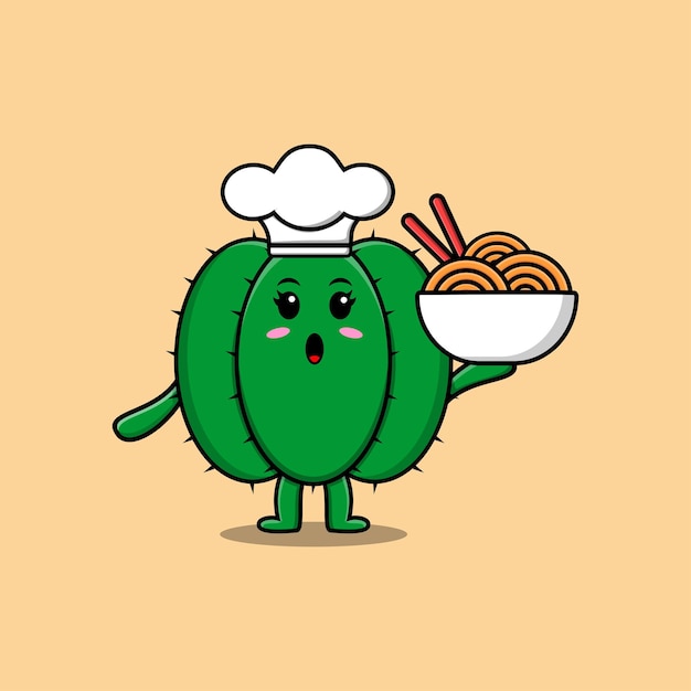 Personnage de dessin animé mignon Cactus chef tenant des nouilles dans un bol illustration de style dessin animé plat