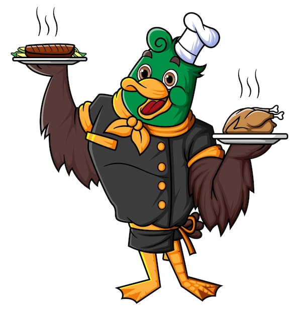 Personnage De Dessin Animé Mignon De Canard Qui Est Un Chef Professionnel Posant Avec Deux Assiettes De Nourriture