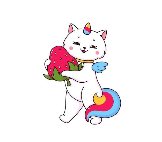 Personnage De Dessin Animé Mignon Caticorn Avec Fraise