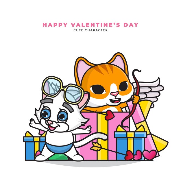 Personnage de dessin animé mignon de chat cupidon couple hors de boîte-cadeau