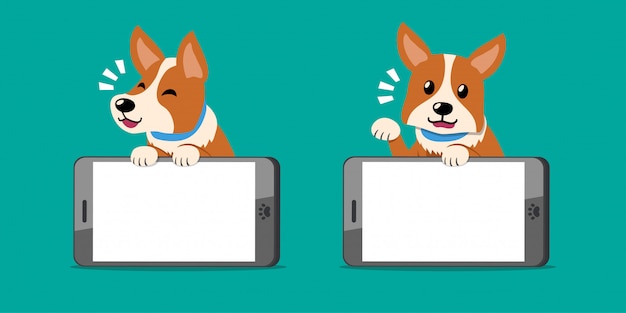 Vecteur personnage de dessin animé mignon chien corgi et smartphones