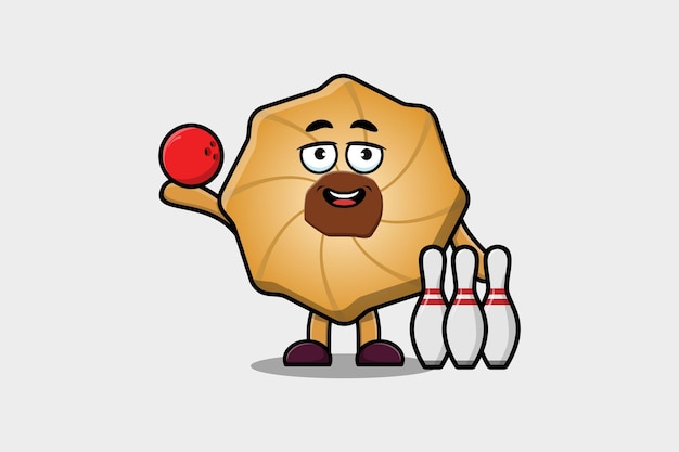 Personnage De Dessin Animé Mignon Cookies Jouant Au Bowling Dans L'illustration De Conception De Style Plat Moderne