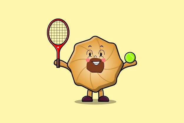 Personnage de dessin animé mignon Cookies jouant au tennis en illustration de style dessin animé plat