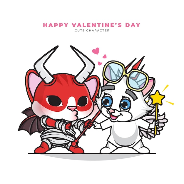 Personnage de dessin animé mignon de couple chat diable et chat ange