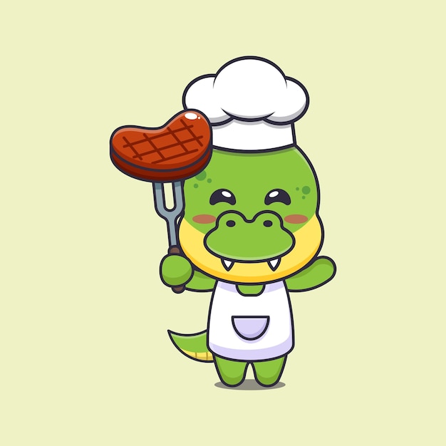 Personnage De Dessin Animé Mignon Dino Chef Mascotte Avec Steak De Boeuf