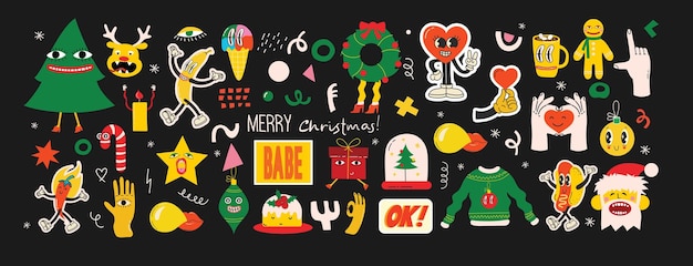 Personnage de dessin animé mignon et éléments de Noël pour cartes modèle sans couture Joyeux Noël et bonne année 2024 Illustrations abstraites vectorielles tendance pour tissu de papier peint de vacances, etc.