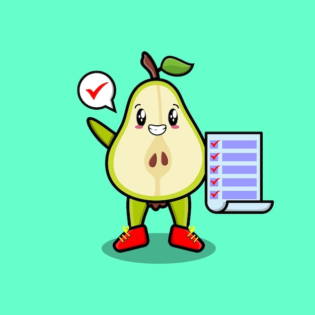 Personnage De Dessin Animé Mignon Fruit Poire Tenant Une Note De Liste De Contrôle Dans Le Style De Dessin Animé 3d Concept