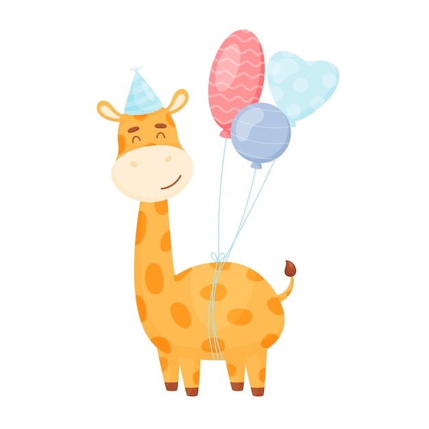 Personnage De Dessin Animé Mignon Girafe Avec Ballons à Air Illustration Vectorielle De Carte D'anniversaire