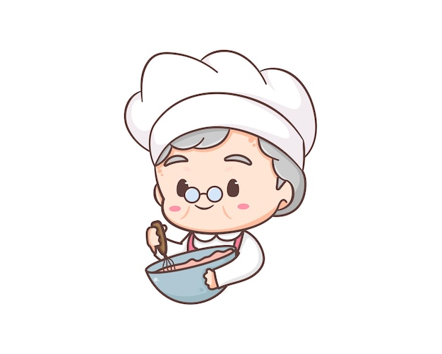 Personnage De Dessin Animé Mignon Grand-mère Chef. Illustrateur D'art Vectoriel Logo