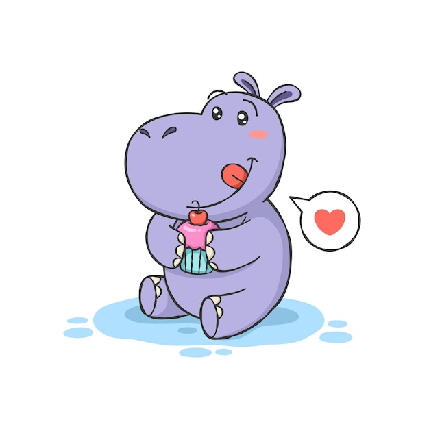 Personnage de dessin animé mignon d'hippopotame avec Cupcake