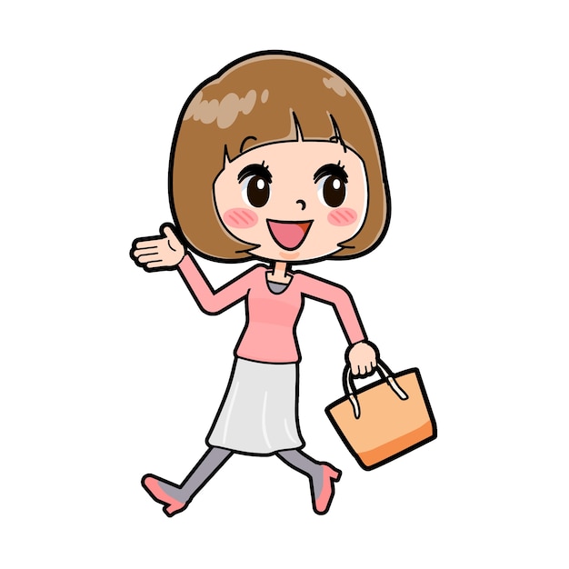 Personnage De Dessin Animé Mignon De Jeune Femme Avec Un Geste De Marche Avec Un Sac.