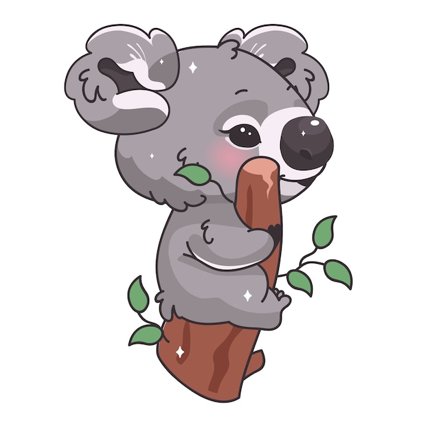 Personnage De Dessin Animé Mignon Koala Kawaii. Animal Adorable Et Drôle Assis Sur Une Branche Et Mangeant Des Feuilles D'eucalyptus Autocollant Isolé, Patch. Anime Bébé Koala Emoji Sur Fond Blanc