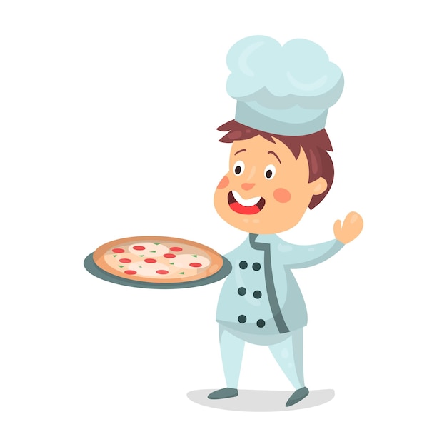 Personnage De Dessin Animé Mignon Petit Garçon Chef Tenant Une Pizza Dans Un Vecteur De Plateau De Cuisson Illustration Isolé Sur Fond Blanc