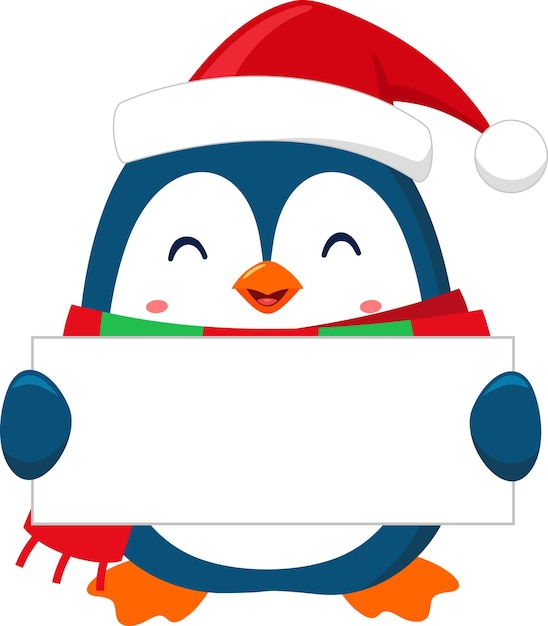 Vecteur personnage de dessin animé mignon de pingouin de noël tenant une illustration vectorielle de signe blanc