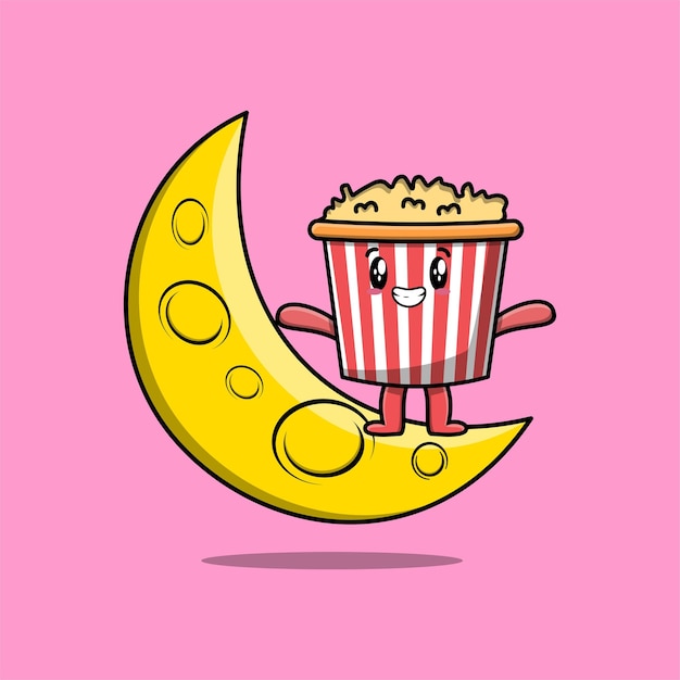 Personnage De Dessin Animé Mignon Popcorn Debout Sur Le Croissant De Lune En Illustration De Design Moderne 3d