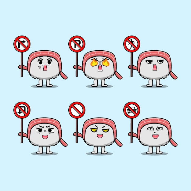 Personnage de dessin animé mignon sushi tenant un panneau de signalisation