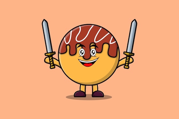 Vecteur personnage de dessin animé mignon takoyaki tenant deux épées en illustration de design moderne 3d