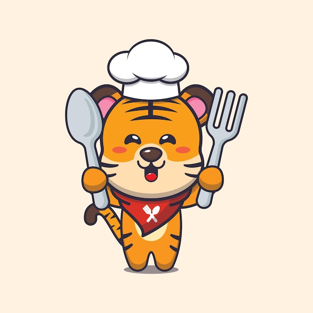 Personnage De Dessin Animé Mignon Tigre Chef Mascotte Tenant Une Cuillère Et Une Fourchette