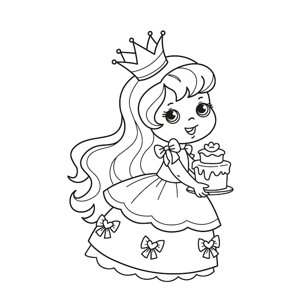 Personnage De Dessin Animé Mignonne Petite Princesse En Belle Robe Et Couronne Tenant Un Gâteau Coloriage