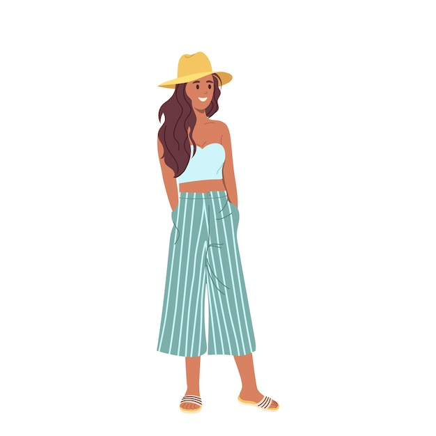 Personnage de dessin animé à la mode d'été portant un pantalon à rayures sans bretelles et des pantoufles
