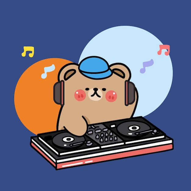 Vecteur personnage de dessin animé ours dj mixant de la musique, mixeur de musique, illustration plate