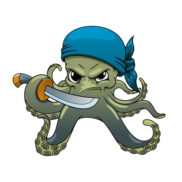Personnage De Dessin Animé Pirate De Poulpe En Colère Dans Un Bandana Bleu, Tenant Une épée Dans Des Tentacules Incurvés Dangereux