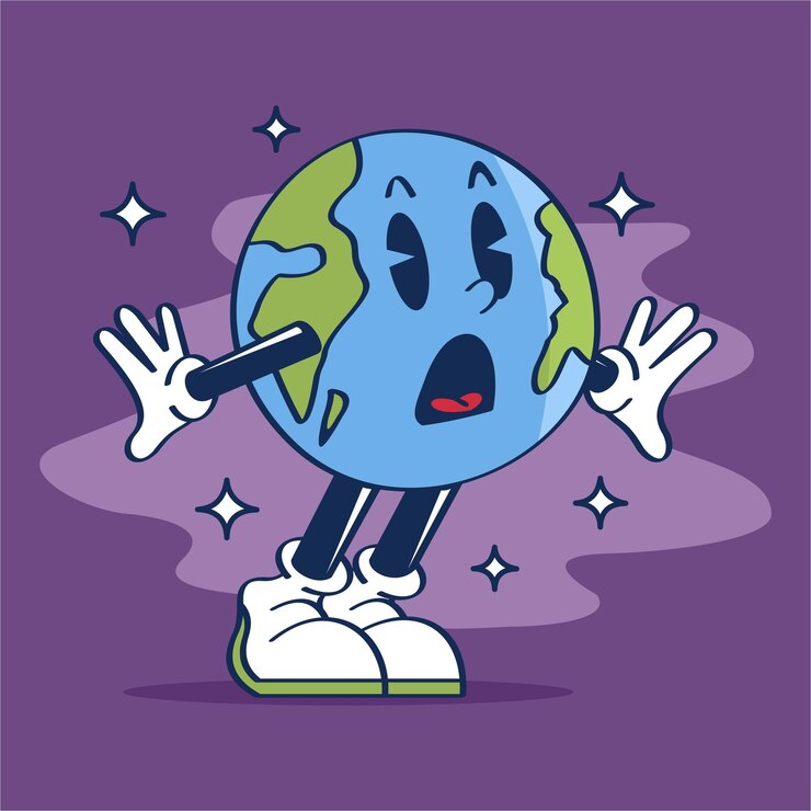 Personnage de dessin animé d'une planète avec un visage et un dessin à la main de vecteur de visage surpris