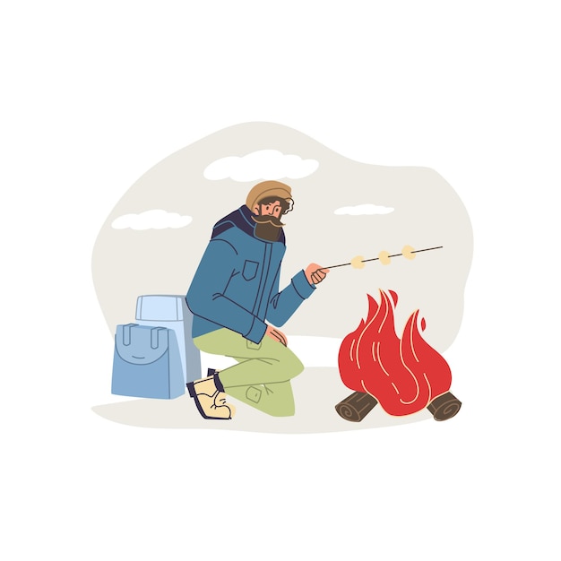 personnage de dessin animé plat en automne brûlant un feu de joie en randonnée