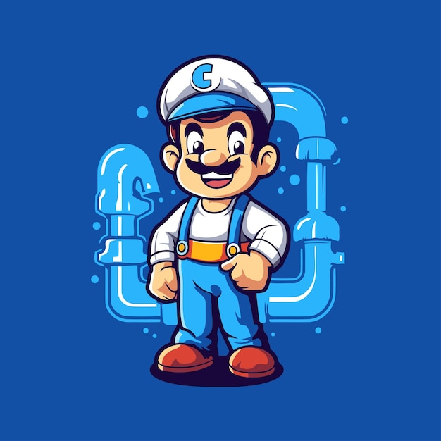Vecteur personnage de dessin animé de plombier avec tuyau de gaz illustration vectorielle isolée sur fond bleu