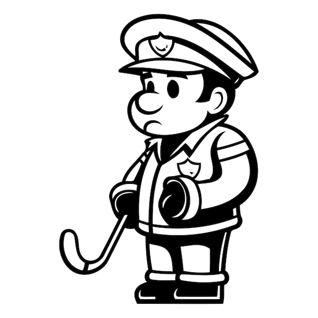 Personnage De Dessin Animé De Policier Avec Illustration Vectorielle De Bâton Et De Puck De Hockey