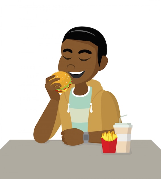 Vecteur personnage de dessin animé poses, le concept de régime malsain et de mauvais style de vie. l'homme africain mange du fast food.