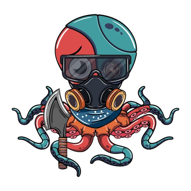 Vecteur personnage de dessin animé de poulpe cyborg avec un masque à gaz et une hache dans son tentacule