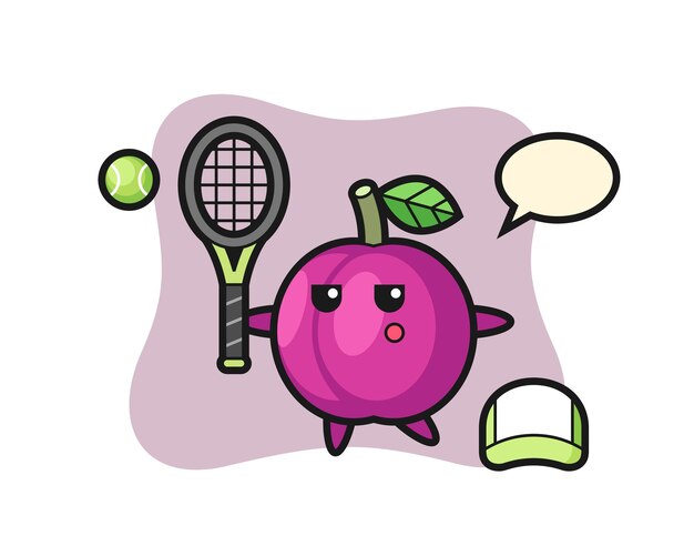 Vecteur personnage de dessin animé de prune en tant que joueur de tennis