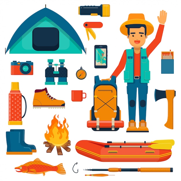 Personnage de dessin animé de randonneur avec sac à dos et accessoires de randonnée, de pêche et de camping. illustration