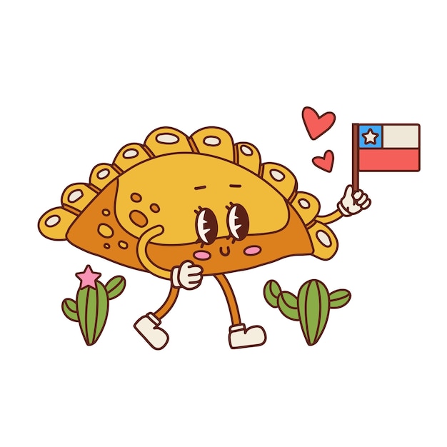 Personnage De Dessin Animé Rétro Empanada Avec Drapeau Du Chili Mignon Mascotte Alimentaire Latino-américaine Contour Ector Illus